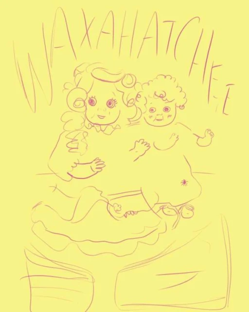 Drawing of two cartoon figures with curly hair against a yellow background with hand-written text at the top of the image.