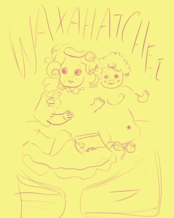 Drawing of two cartoon figures with curly hair against a yellow background with hand-written text at the top of the image.