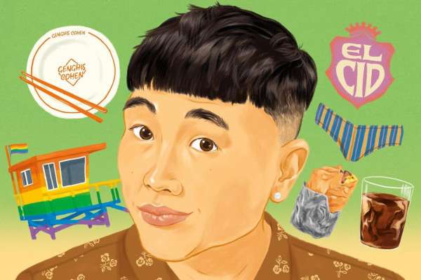 Illustration of an Asian person with short dark hair surrounded by food and drink related objects on a green background.