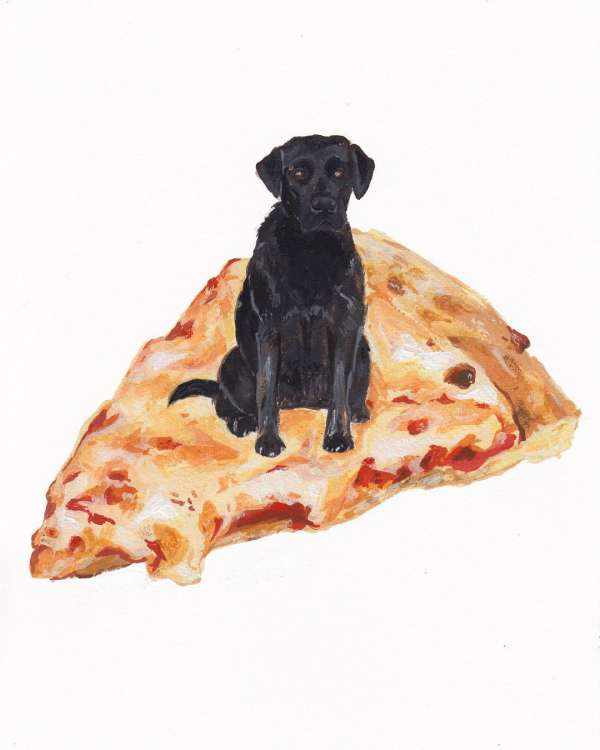 A black Labrador dog sits atop a large slice of pizza in this eye-level painting against a clean white background, showcasing a unique composition.