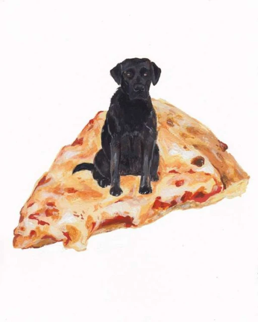 A black Labrador dog sits atop a large slice of pizza in this eye-level painting against a clean white background, showcasing a unique composition.