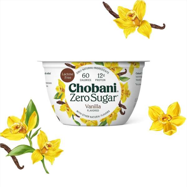 Chobani Zero Sugar Vanilla yogurt container with flowers and vanilla beans. Yogurt is lactose free and flavored with natural flavors.