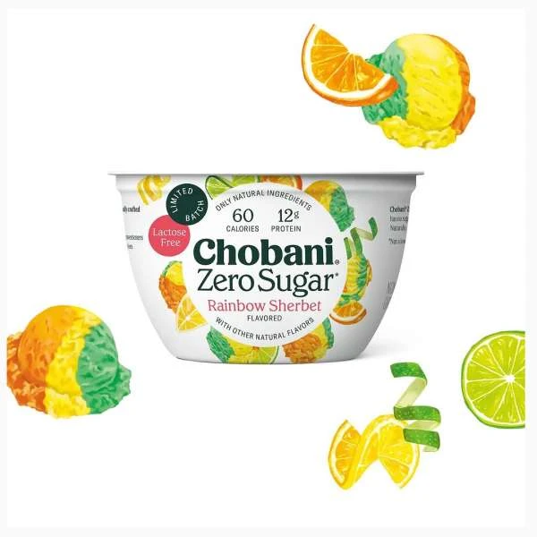 Chobani Zero Sugar Rainbow Sherbet yogurt container with fruit illustrations, offering a lactose-free, low-calorie, high-protein food option.
