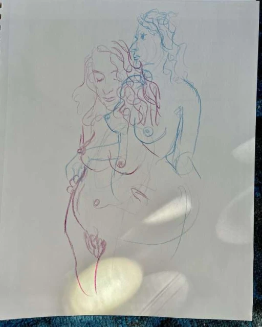 Abstract illustration of two figures in blue and red pencil on white background, depicting nude female forms in an artistic style.