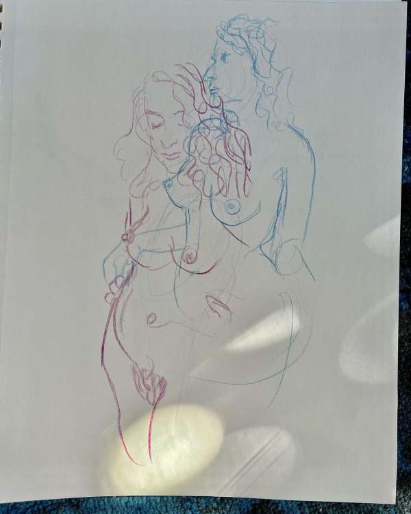 Artwork showing line drawing of two nude women with flowing hair, depicted with delicate blue and pink pencil strokes on white paper.