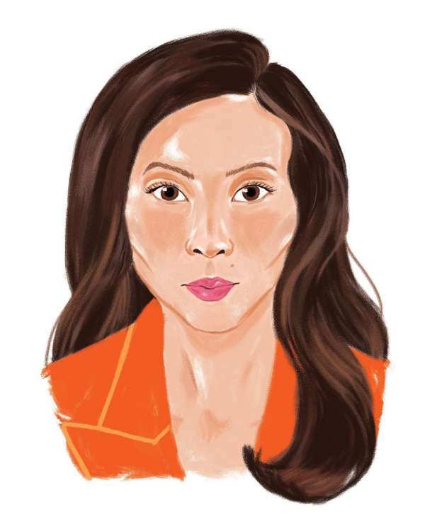 Illustration of a woman with long brown hair and wearing an orange blazer, on a white background, showcasing a digital painting technique.