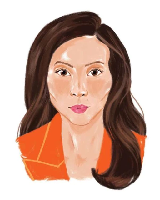Illustration of a woman with long brown hair and wearing an orange blazer, on a white background, showcasing a digital painting technique.