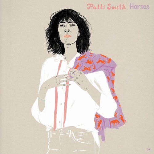 Illustration of Patti Smith with short dark hair in white shirt, pink suspenders, and jacket with horse pattern on a beige background.