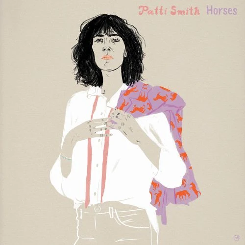 Illustration of Patti Smith with short dark hair in white shirt, pink suspenders, and jacket with horse pattern on a beige background.