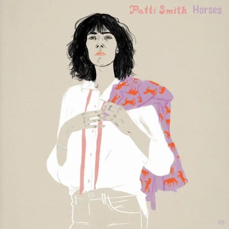 Illustration of Patti Smith with short dark hair in white shirt, pink suspenders, and jacket with horse pattern on a beige background.
