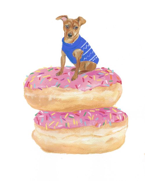 Illustration of a dog wearing a blue sweater, sitting on a stack of two pink, sprinkled donuts against a white background.