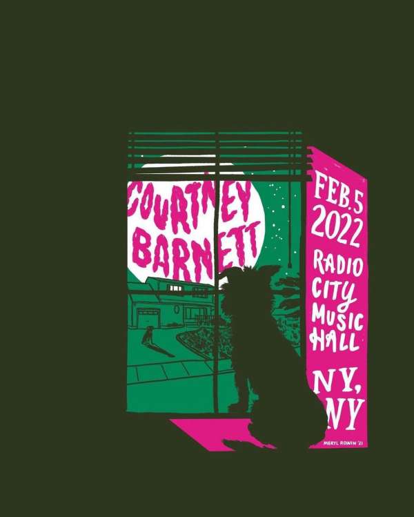 Concert poster art: Dog looks out the window at a house under a full moon, while Courtney Barnett concert details are displayed on the side.