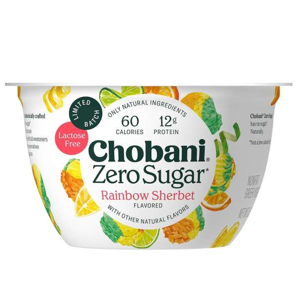 Chobani Zero Sugar Rainbow Sherbet yogurt container with fruit flavor illustrations, presented on a seamless white backdrop.