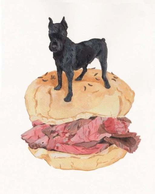 Illustration of a black dog standing on top of a sandwich. The sandwich is stacked with meat and has a sesame seed bun.