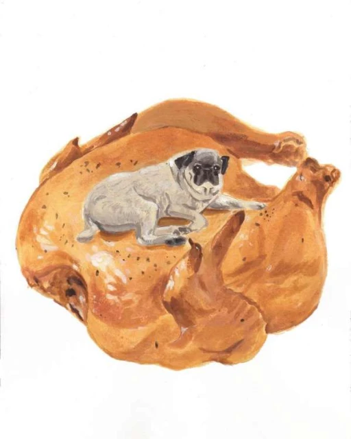 Illustration of a pug dog resting on top of a cooked turkey against a white background, depicted in a whimsical, painted style.