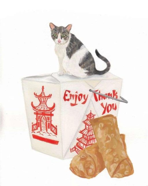 Illustration of a gray and white cat sitting on a white takeout box with egg rolls, featuring a whimsical and charming design.