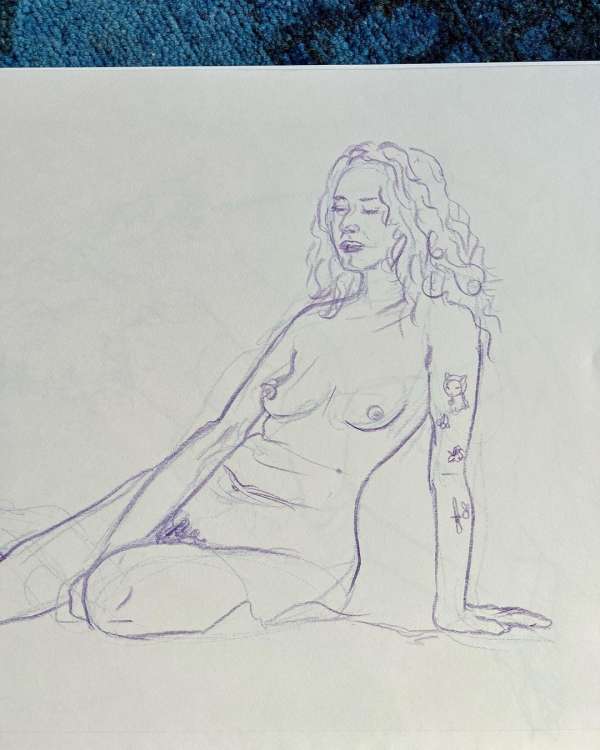 Artistic sketch of a nude woman seated with her eyes closed and relaxed expression; rendered in blue lines on a white background.