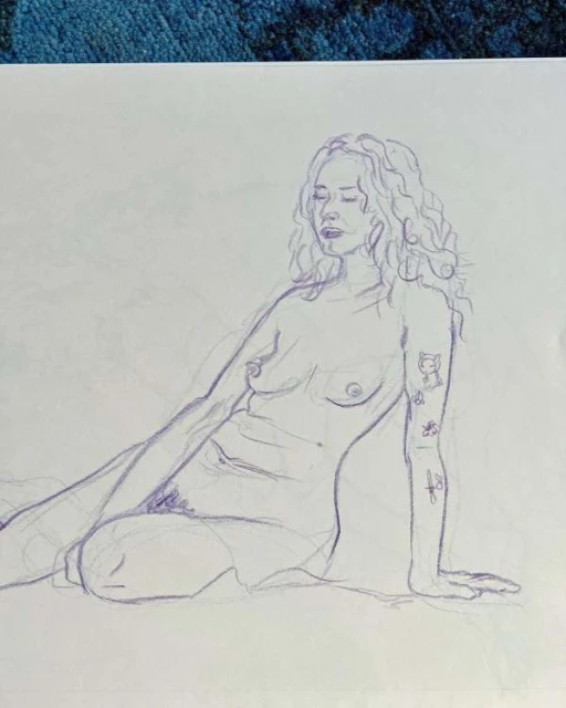 Artistic sketch of a nude woman seated with her eyes closed and relaxed expression; rendered in blue lines on a white background.