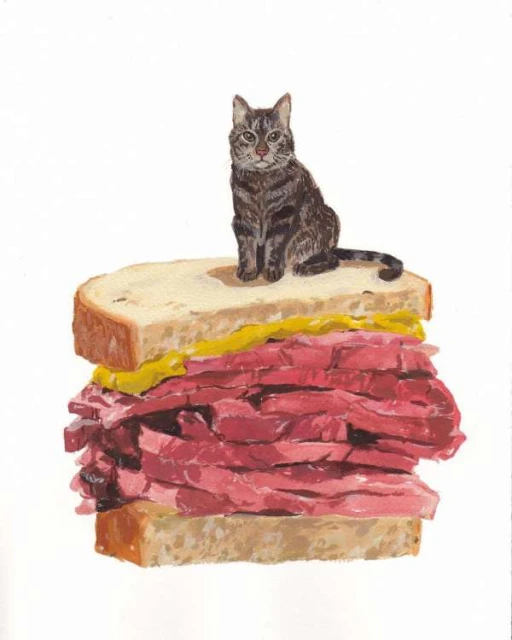 Whimsical artwork of a tabby cat perched atop a towering pastrami sandwich with bread and mustard, set against a white background.
