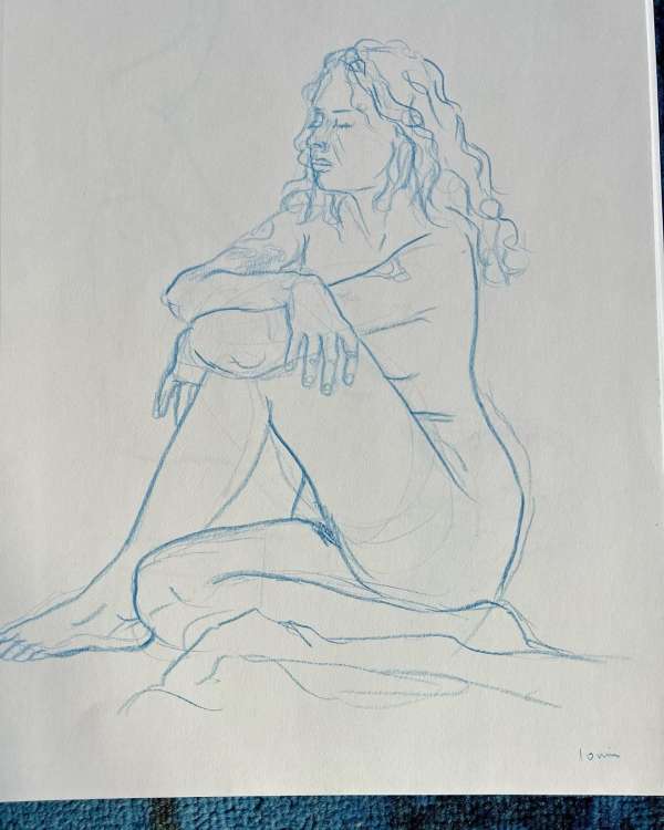 Illustration of a woman sitting with her arms wrapped around her legs, her eyes closed and head tilted back in a thoughtful pose.