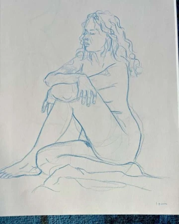 Illustration of a woman sitting with her arms wrapped around her legs, her eyes closed and head tilted back in a thoughtful pose.