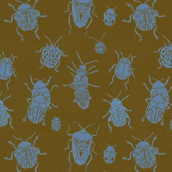 Seamless pattern of light blue beetle illustrations on a brown background. Repeating design of various beetle shapes and sizes.