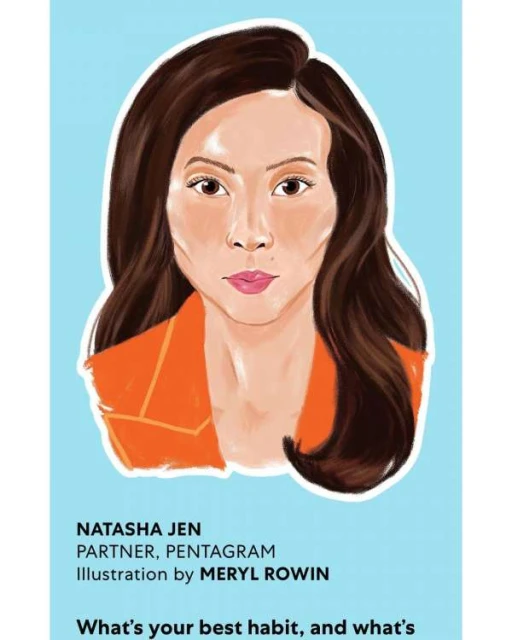Illustration of an Asian woman with long brown hair in an orange blazer against a light blue backdrop, with text overlays.