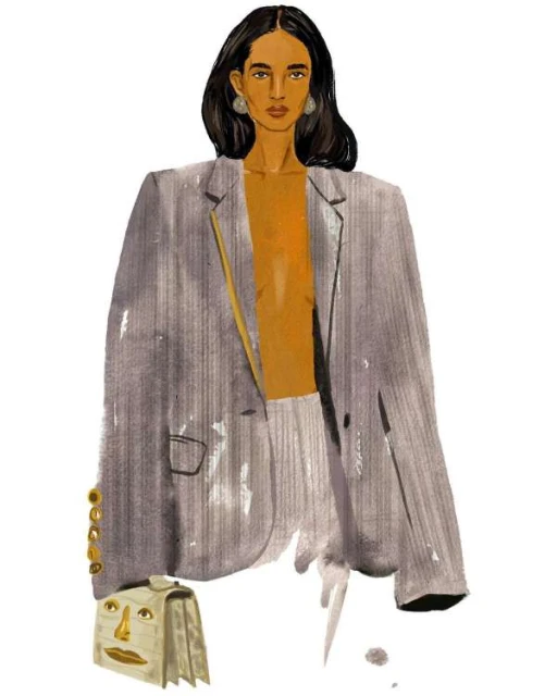 Illustration of a woman in a grey pinstripe suit with a handbag, featuring a watercolor style and set against a white background.