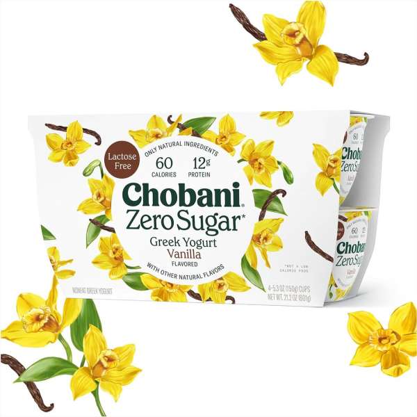 Chobani Zero Sugar Greek Yogurt Vanilla flavored cups, surrounded by vanilla bean flowers and greenery, on a white background.