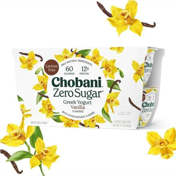 Chobani Zero Sugar Greek Yogurt Vanilla flavored cups, surrounded by vanilla bean flowers and greenery, on a white background.