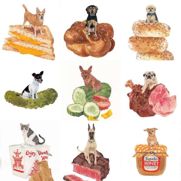 Whimsical food art illustration featuring various dogs perched on food items like a sandwich, bagel, and honey jar on white.