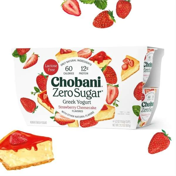 Chobani Zero Sugar Greek Yogurt Strawberry Cheesecake cups with strawberries and cheesecake slice illustrations on white background.