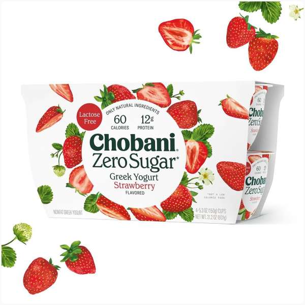 Chobani Zero Sugar Greek Yogurt Strawberry containers surrounded by scattered strawberries, set against a clean white backdrop.