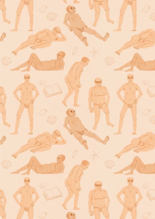 Illustration of nude men in various poses on a light orange background, accompanied by shells, sunglasses, books, and starfish.