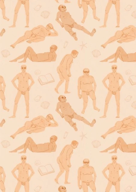 Illustration of nude men in various poses on a light orange background, accompanied by shells, sunglasses, books, and starfish.