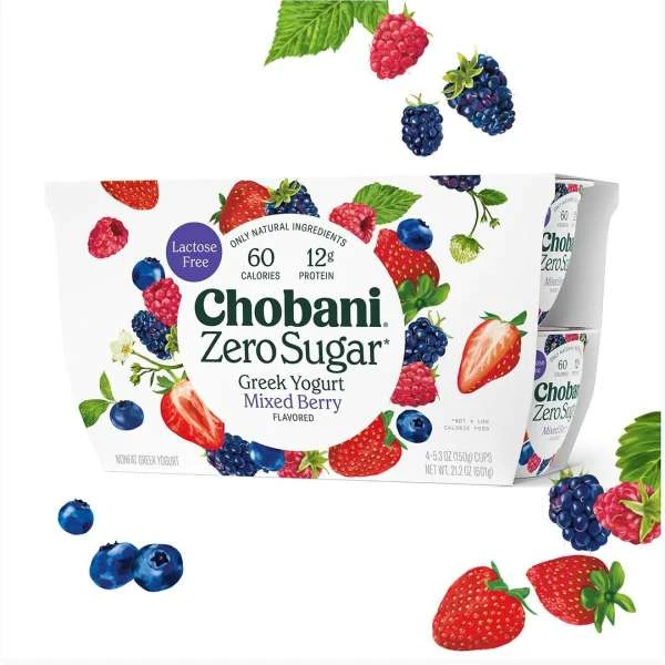 Chobani Zero Sugar Greek Yogurt Mixed Berry, 4-pack, surrounded by loose blueberries, blackberries, raspberries, and sliced strawberries.