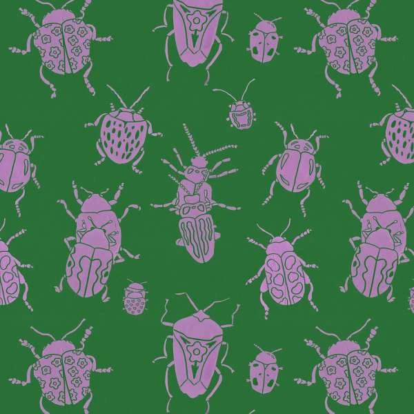 Green background with pink beetle illustrations arranged in a repeating pattern, creating a visually appealing and nature-inspired design.