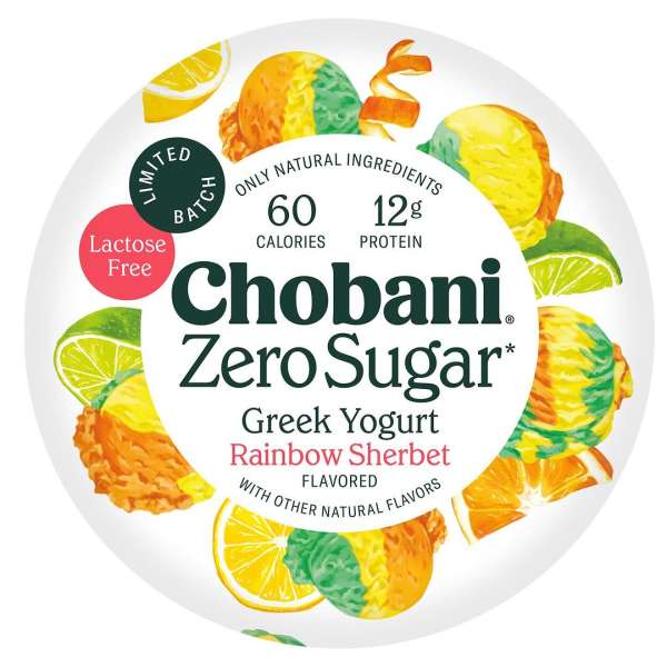 Chobani Zero Sugar Greek yogurt container with rainbow sherbet flavor, surrounded by citrus fruits like lemons and limes.