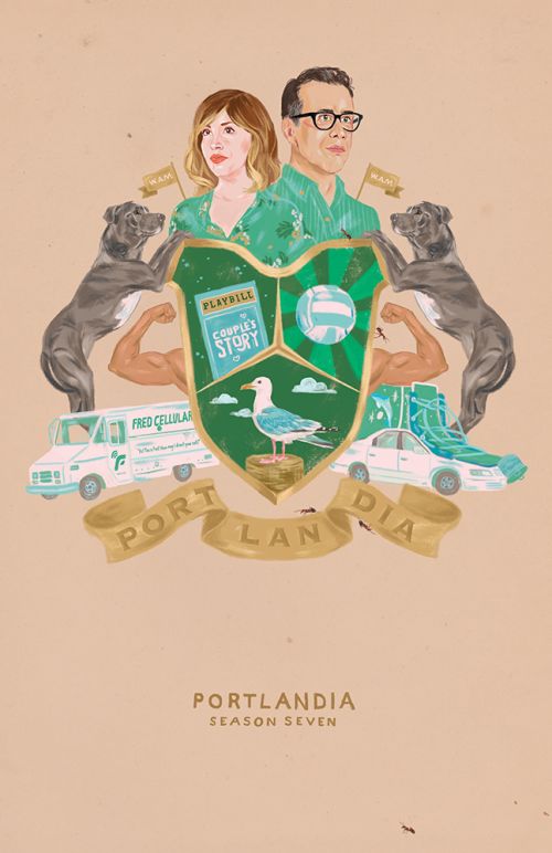Illustration of Portlandia Season 7 featuring Fred Armisen and Carrie Brownstein in a crest design with city and show elements.