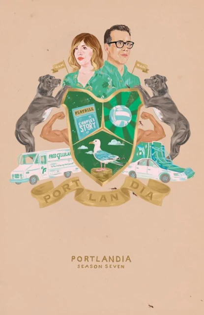 Illustration of Portlandia Season 7 featuring Fred Armisen and Carrie Brownstein in a crest design with city and show elements.