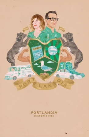 Illustration of Portlandia Season 7 featuring Fred Armisen and Carrie Brownstein in a crest design with city and show elements.
