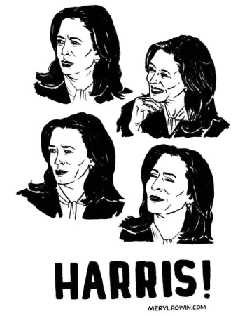Illustration of Kamala Harris in four poses, drawn in black ink against a white background, with her name in bold text at the bottom.