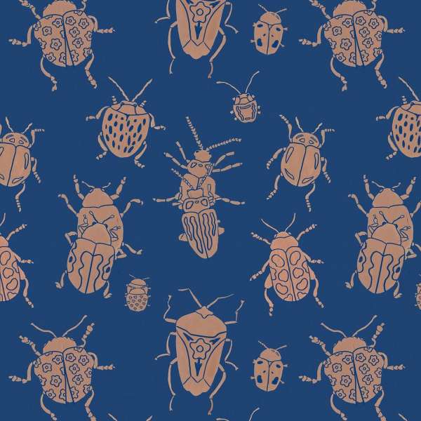 Illustration of a repeating pattern of brown line art beetles on a blue background; textile design, wallpaper, insect motif.