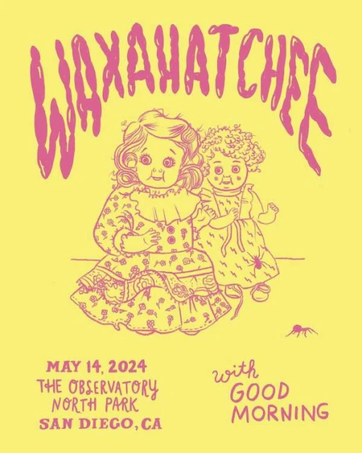 Concert poster illustration of two dolls and the text “Waxahatchee, May 14, 2024, The Observatory North Park, San Diego, CA with Good Morning”.