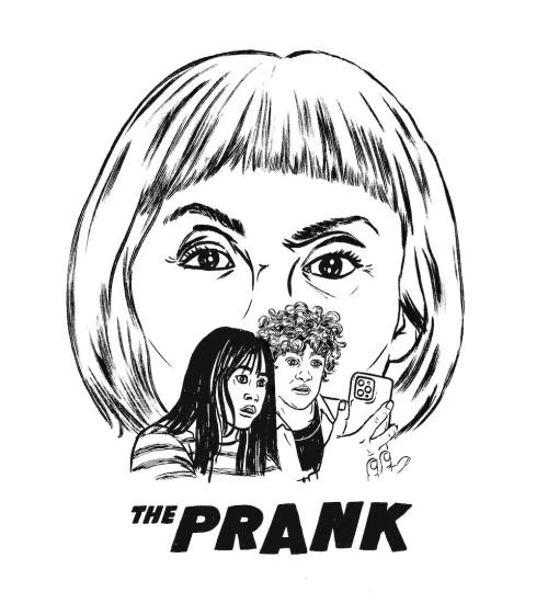 Black-and-white illustration depicts a young woman with bangs and another young person looking at an unseen thing on a cell phone.