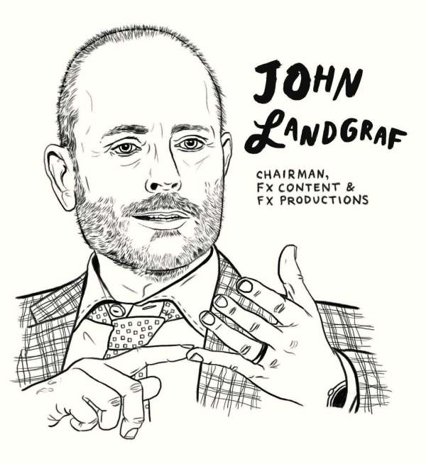 Line drawing of John Landgraf, Chairman of FX Content and FX Productions, wearing a suit, tie, and wristwatch.