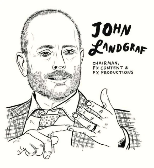 Line drawing of John Landgraf, Chairman of FX Content and FX Productions, wearing a suit, tie, and wristwatch.