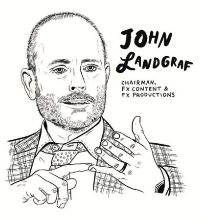 Line drawing of John Landgraf, Chairman of FX Content and FX Productions, wearing a suit, tie, and wristwatch.