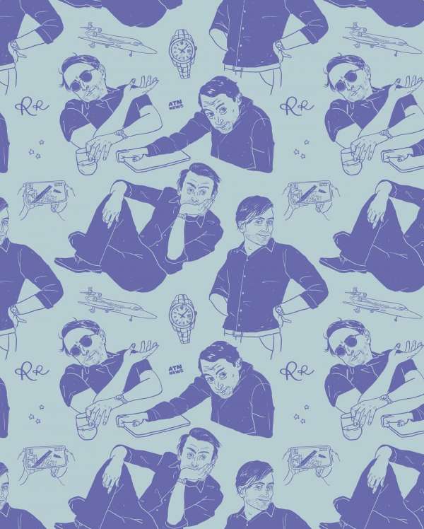 Illustrated wallpaper pattern of a man in various poses wearing various outfits, along with a fighter plane, watch, and signature.