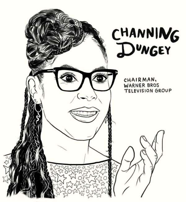Illustration of Channing Dungey, Chairman of Warner Bros. Television Group, wearing glasses, with braided hair, smiling in a black and white art.